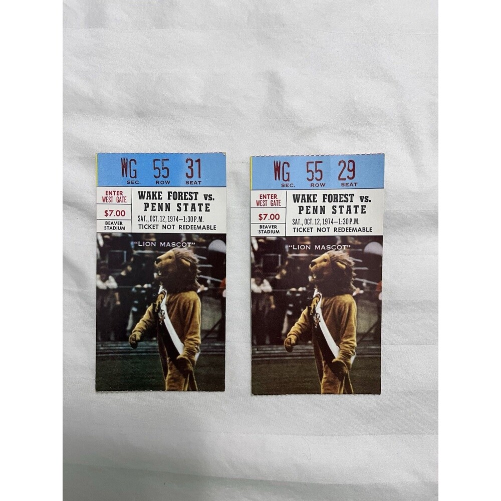 2 Vintage 1974 Penn State vs Wake Forest Football Ticket Stubs Lion Mascot Game